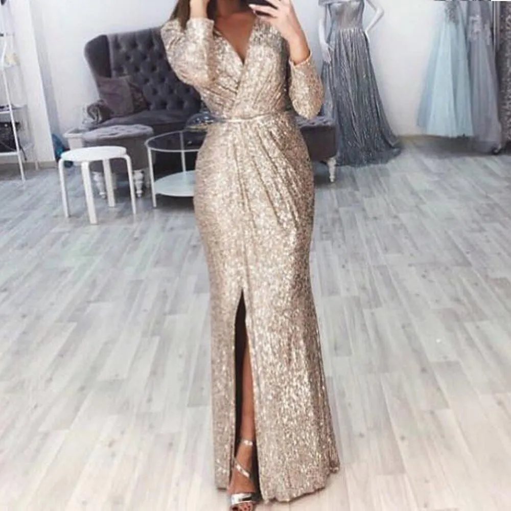 Women evening party glitter v neck maxi wrap dress