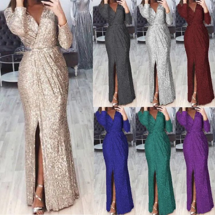 Women evening party glitter v neck maxi wrap dress