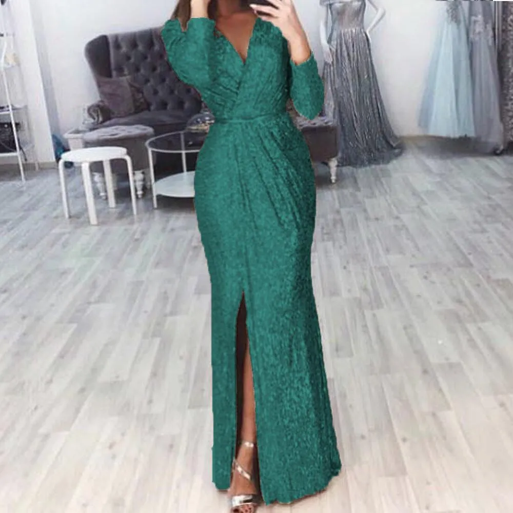 Women evening party glitter v neck maxi wrap dress