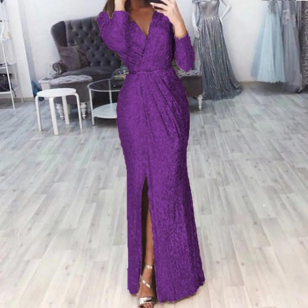 Women evening party glitter v neck maxi wrap dress