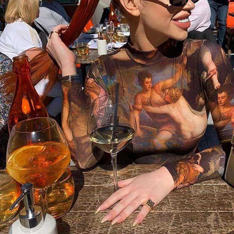 Women Full Length Regular Sleeve Turtleneck Skinny Printed Bodysuit Sweatshirt