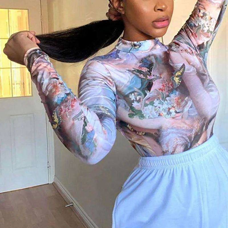Women Full Length Regular Sleeve Turtleneck Skinny Printed Bodysuit Sweatshirt