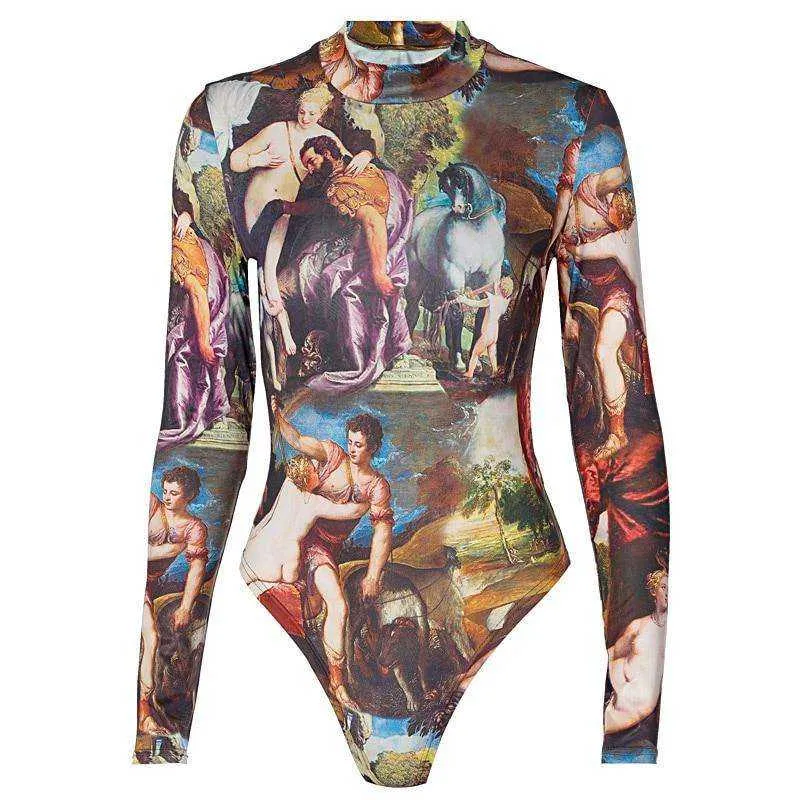 Women Full Length Regular Sleeve Turtleneck Skinny Printed Bodysuit Sweatshirt