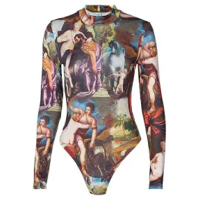 Women Full Length Regular Sleeve Turtleneck Skinny Printed Bodysuit Sweatshirt