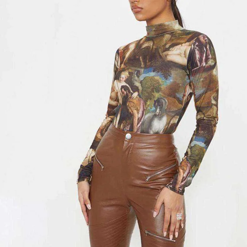 Women Full Length Regular Sleeve Turtleneck Skinny Printed Bodysuit Sweatshirt