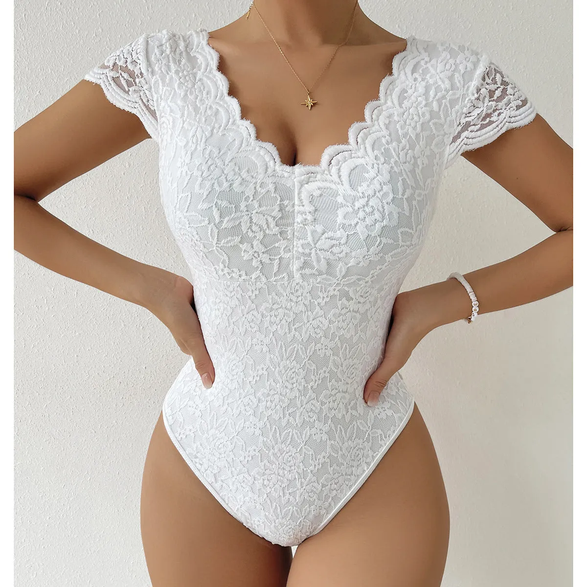 Women Short Sleeve V Neck Lace Bodysuits