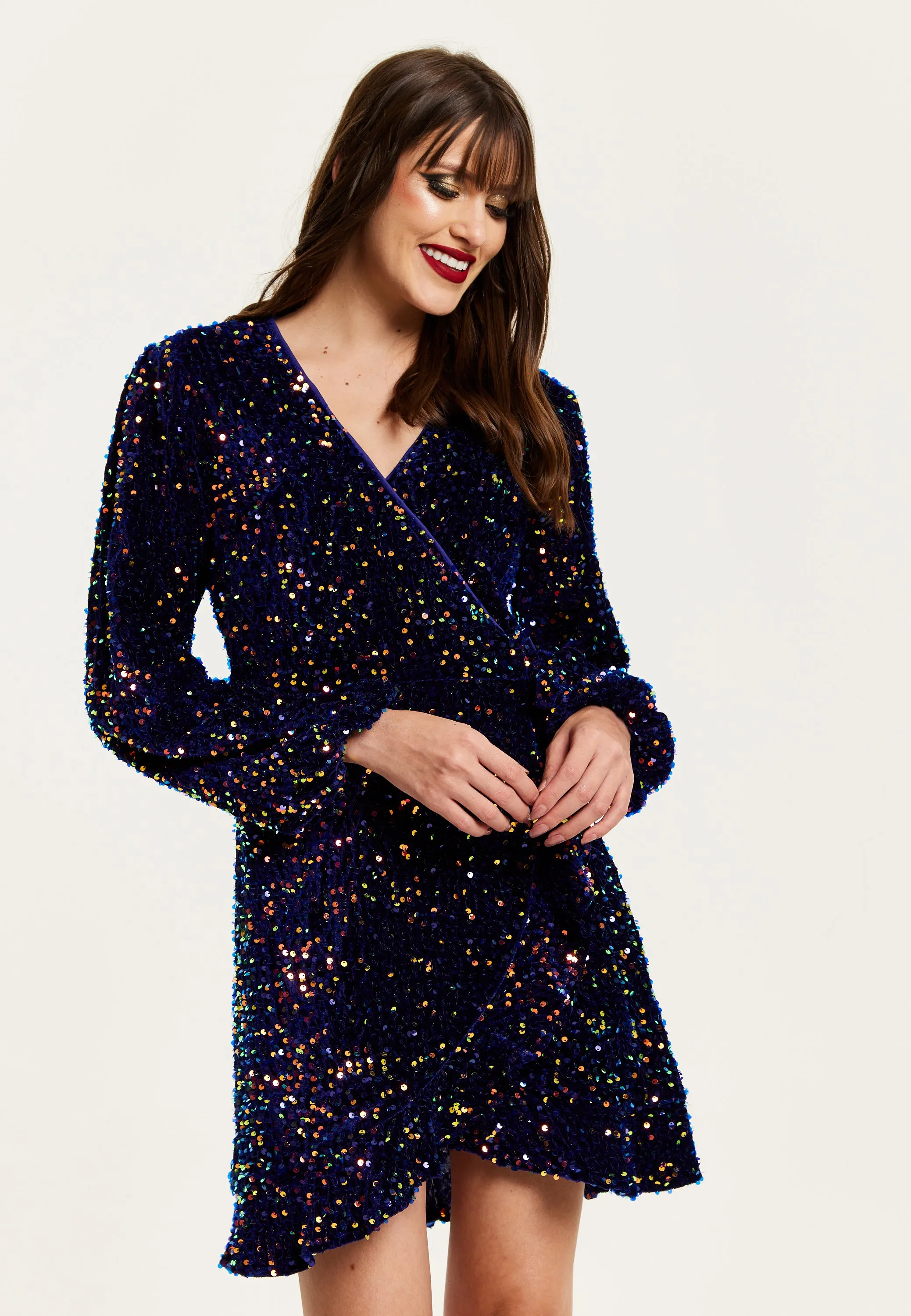 Women's Mini Dress in Royal Blue Velvet with Long Sleeves & Multicolour Sequin Wrap Style - Liquorish