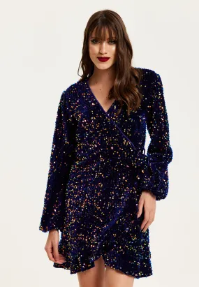 Women's Mini Dress in Royal Blue Velvet with Long Sleeves & Multicolour Sequin Wrap Style - Liquorish