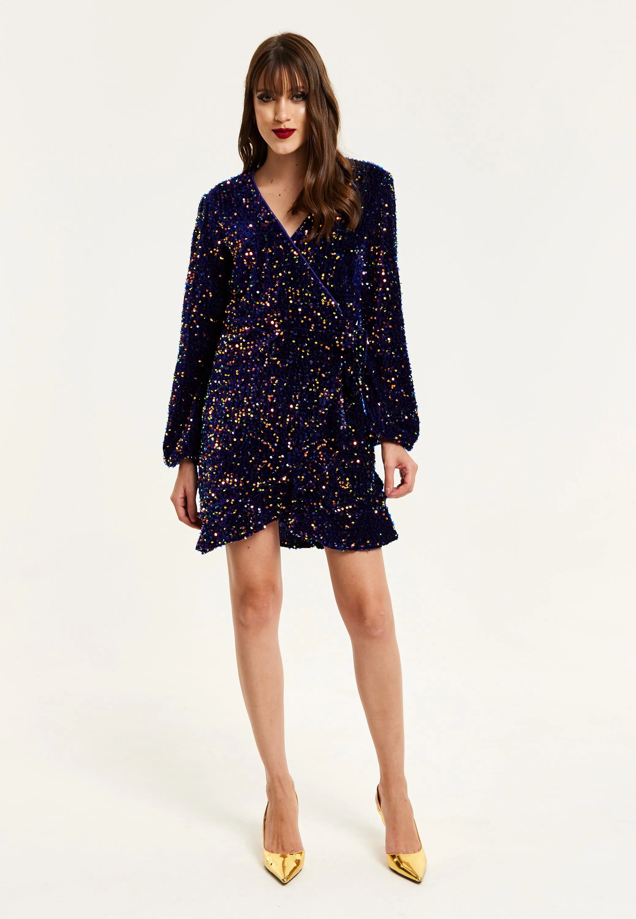 Women's Mini Dress in Royal Blue Velvet with Long Sleeves & Multicolour Sequin Wrap Style - Liquorish
