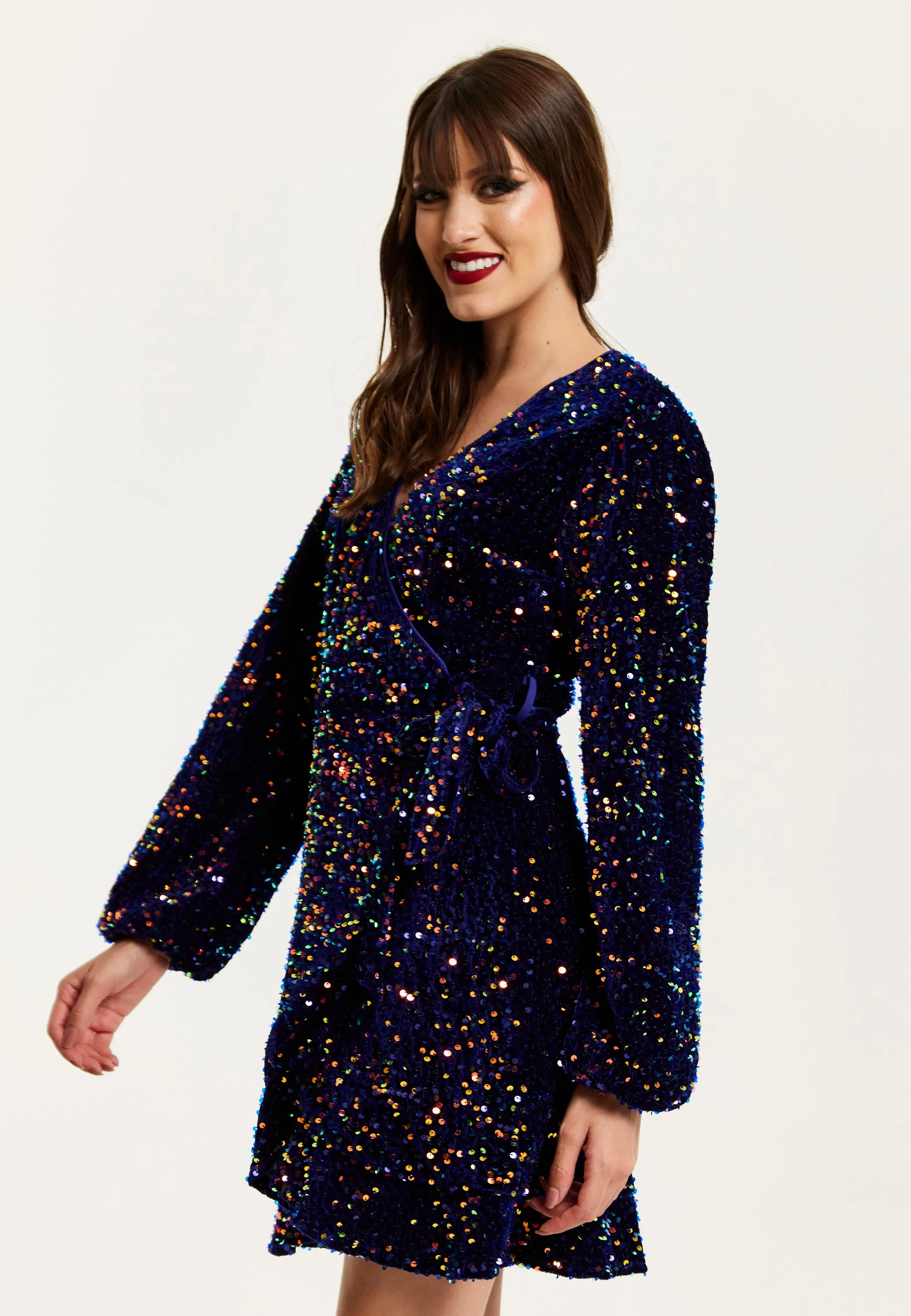 Women's Mini Dress in Royal Blue Velvet with Long Sleeves & Multicolour Sequin Wrap Style - Liquorish