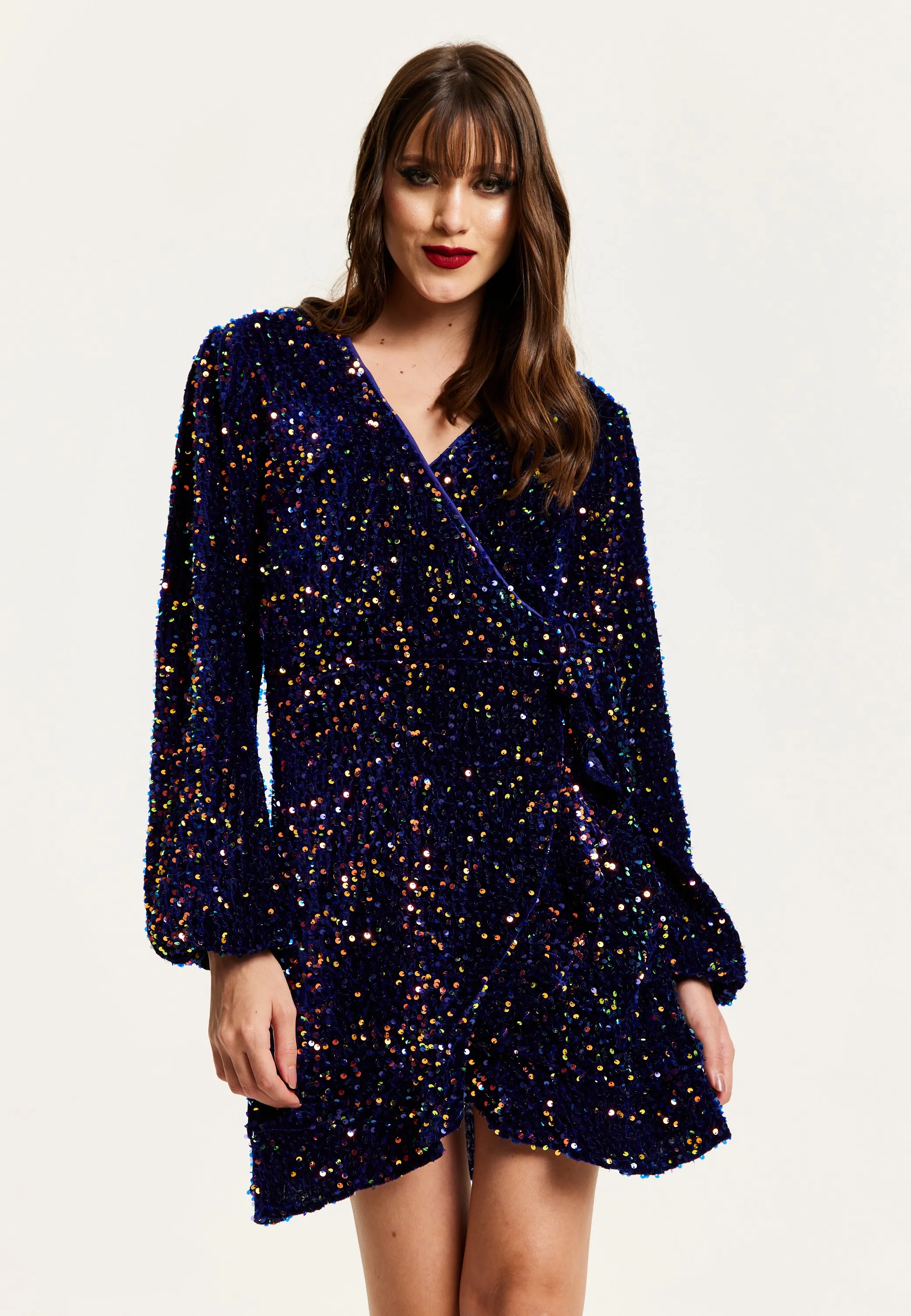 Women's Mini Dress in Royal Blue Velvet with Long Sleeves & Multicolour Sequin Wrap Style - Liquorish