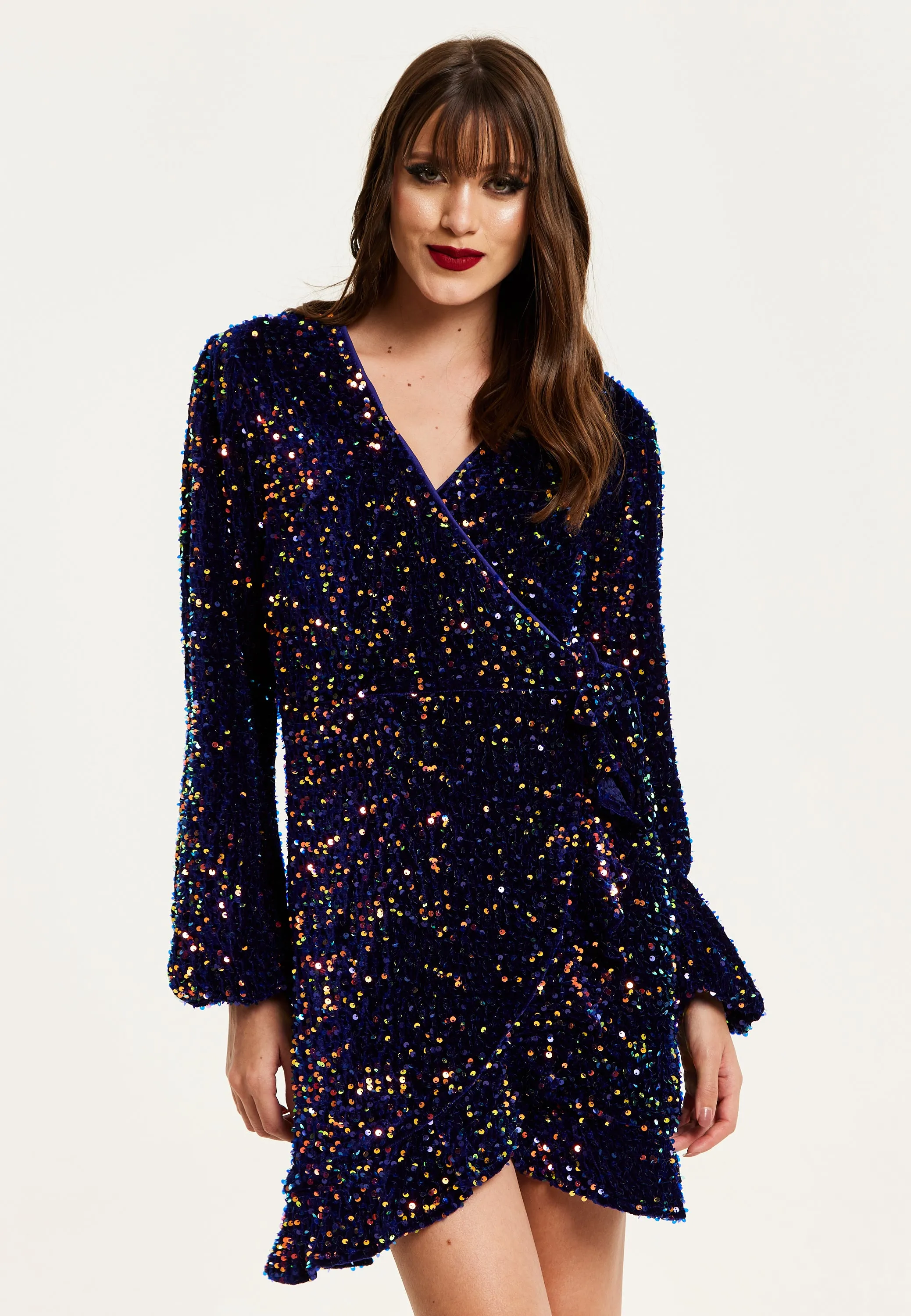 Women's Mini Dress in Royal Blue Velvet with Long Sleeves & Multicolour Sequin Wrap Style - Liquorish