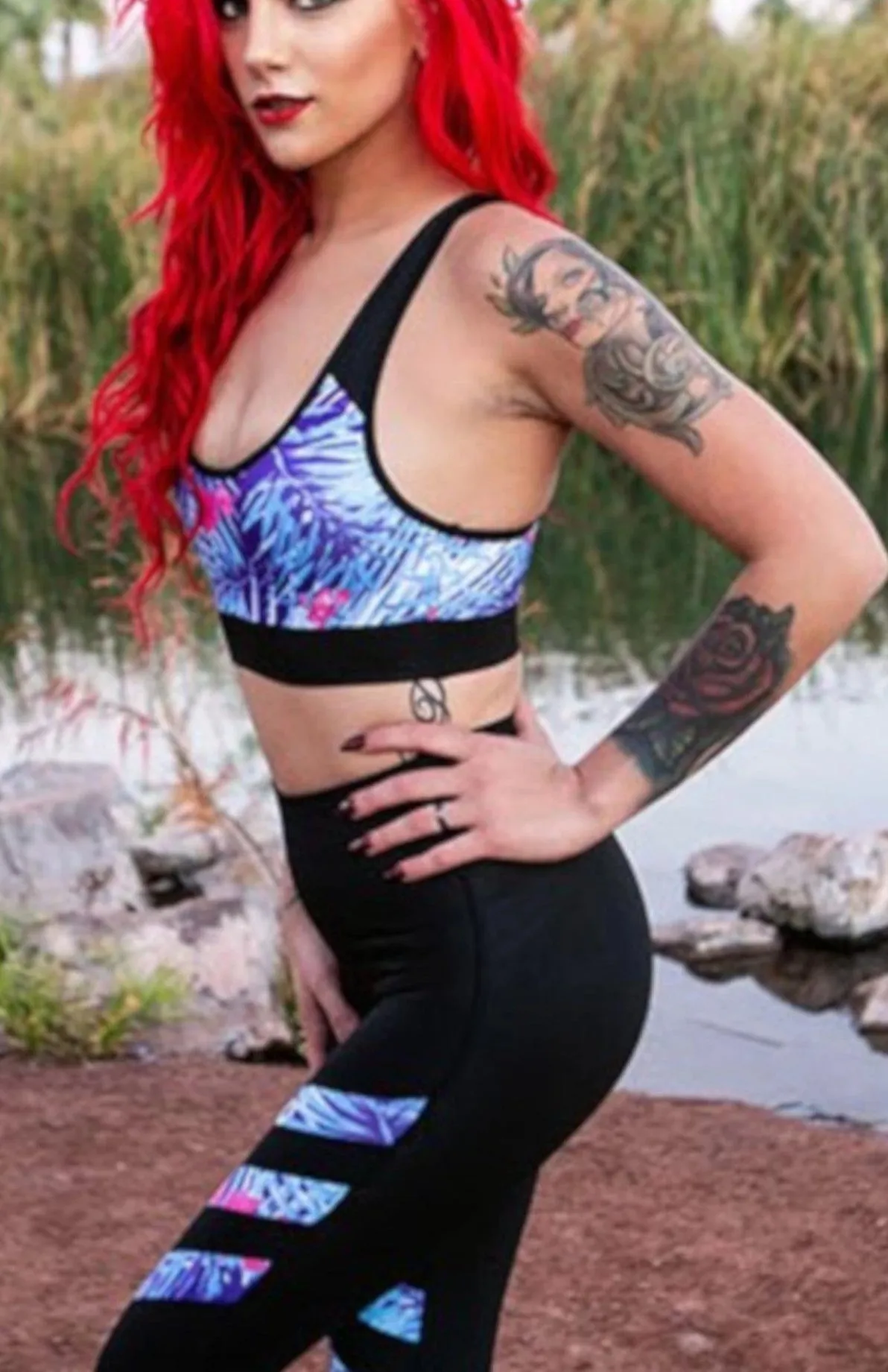 Womens Sexy Black & Blue Two Piece Workout Leggings Sports Bra Set