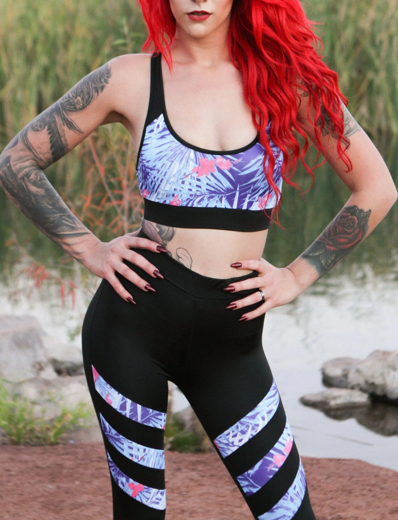 Womens Sexy Black & Blue Two Piece Workout Leggings Sports Bra Set